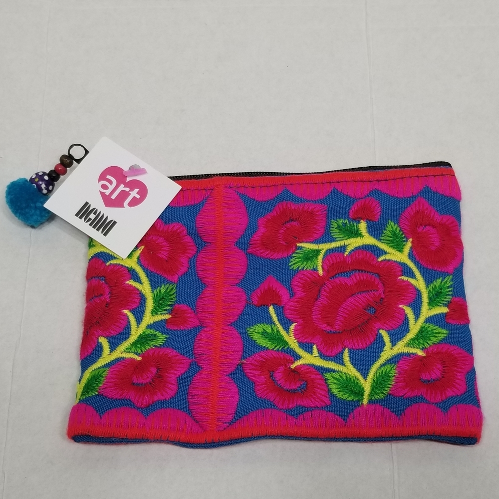 New! Embroidered Floral Mini Zip Bag Pouch Wallet Coin Purse Bright Colorful